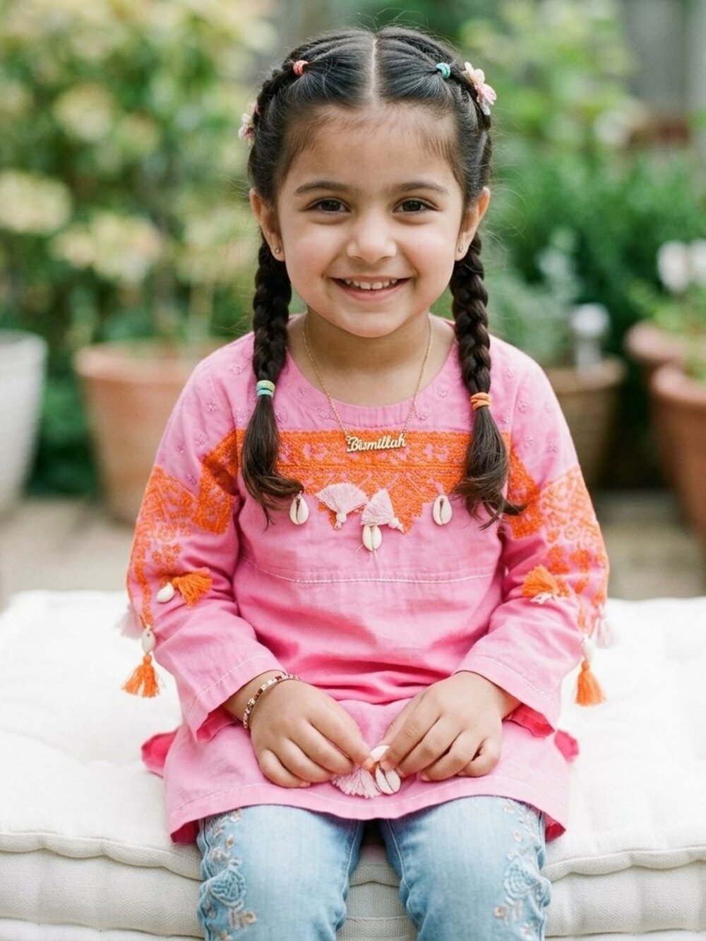 [Khaadi] Girls Pink and Orange High-Low Shirt/Khurta with Tassels: Size 4-5